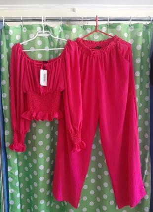 Распродажа яркий розовый летний костюм штаны палаццо!