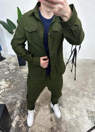 Чоловічий котоновий костюм casual штани та сорочка на ґудзиках хакі
