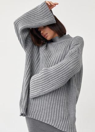 Жіночий в'язаний светр oversize в рубчик — сірий колір, s (є розміри)6 фото