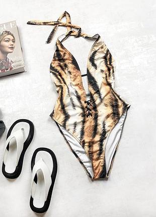 Стильный сексуальный монокини-купальник prettylittlething трендовым animal принтом со шнуровкой