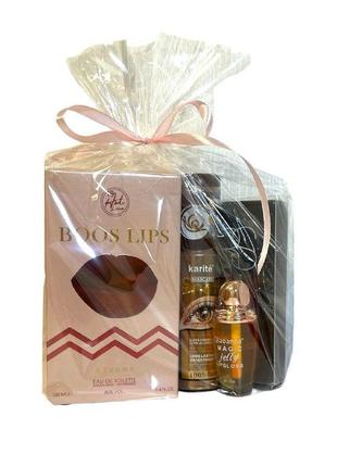 Подарочный набор: туал.вода boos lips 100ml, тушь д/ресниц snail karite, жидкие помады...