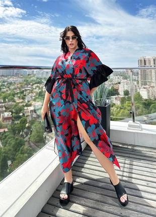 Пляжная туника накидка парео пончо oversize принт цветы
