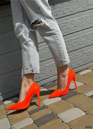 Оранжевые неоновые женские туфли лодочки на шпильке каблуки лакированные туфли лодочки на шпильке5 фото