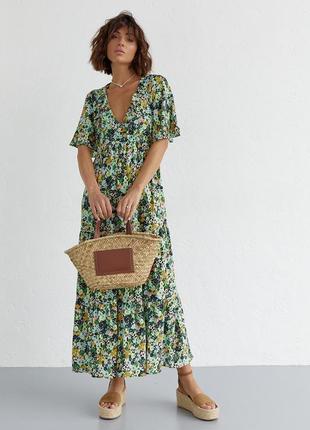 Длинное платье с оборкой и цветочным принтом - салатовый цвет, m (есть размеры)5 фото