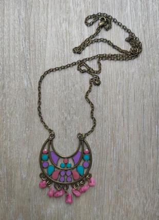 Тренд винтажное колье, ожерелье, подвеска, кулон лунница с эмалью, натуральный камень (рубин), винтаж, мексика, в этно, бохо стиле, этника