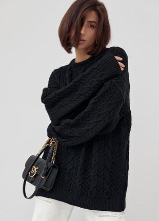 Вязаный свитер оверсайз с узорами из косичек - черный цвет, s (есть размеры)6 фото