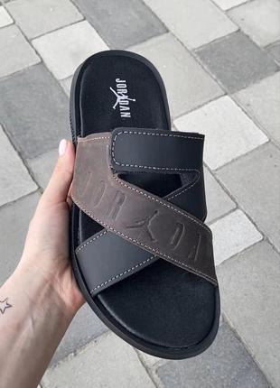 Шлепанцы мужские из натуральной кожи черного цвета, кожаные сланцы шлепки jordan