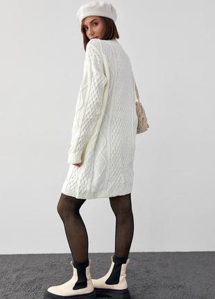 Вязаное платье-туника с узорами из косичек и ромбов - молочный цвет, l (есть размеры)2 фото