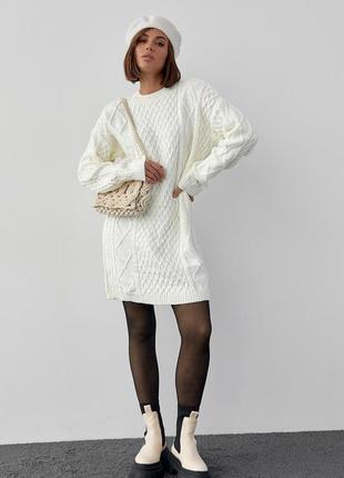 Вязаное платье-туника с узорами из косичек и ромбов - молочный цвет, l (есть размеры)