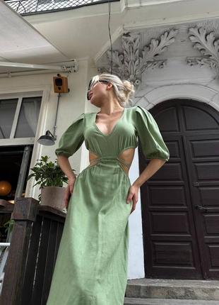Льняна сукня максі міді з боковими розрізами та відкритою спиною🌸