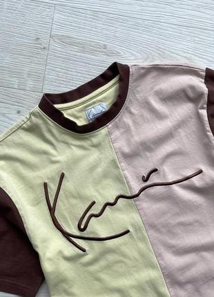 Крута футболка karl kani signature block logo t-shirt yellow/pink/brown4 фото