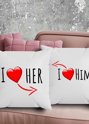 Парные подушки с принтом - l love her/him!