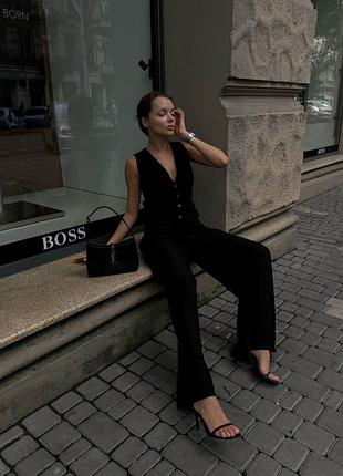 Костюм брючный с жилеткой классический льняной женский летний жилет безрукавка на пуговицах с брюками штанами палаццо черный лен жатка