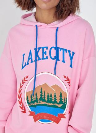 Утеплене худі з принтом і написом lake city — рожевий колір, m (є розміри)4 фото