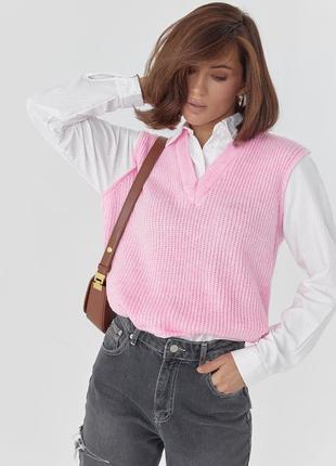 Женская рубашка с вязаным жилетом - розовый цвет, l (есть размеры)8 фото