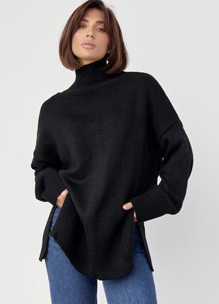 Жіночий в'язаний светр oversize з розрізами з боків — чорний колір, l (є розміри)