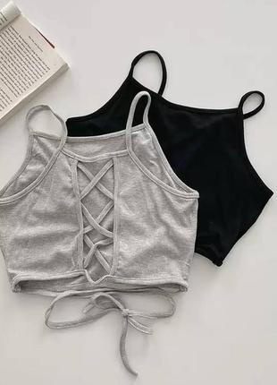 Жіночий базовий вкорочений топ з зав'язками на спинці в рубчик