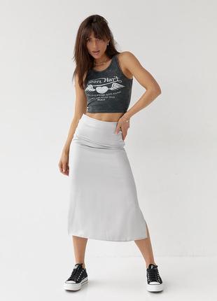 Атласная юбка миди с боковым разрезом - серый цвет, 40р (есть размеры)3 фото