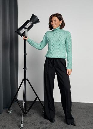 Женский свитер из крупной вязки в косичку - мятный цвет, l (есть размеры)7 фото