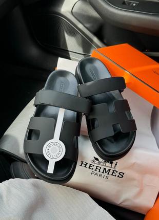 Стильні жіночі сланці шльопанці у стилі hermes slippers total black premium чорні
