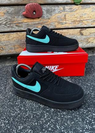 Мужские  фирменные кроссовки vegas nike air force  черные с бирюзовым значком найк кожа + нубук крутые