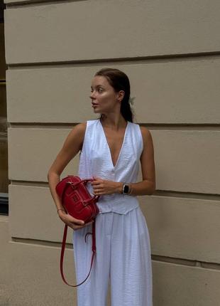 Льняной костюм в стиле зара жакет жилетка + брюки палаццо клеш свободного кроя лен жатка3 фото