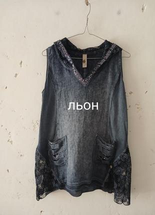 З капюшоном з мереживом лляна майка