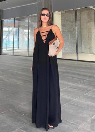 Смелое платье макси черная в стиле zara черное платье максы декольте тонкую бретельку