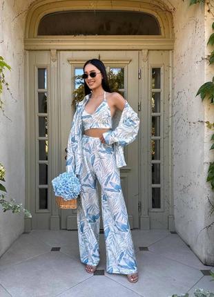 Костюм тройка в принт топ рубашка и штаны брюки штапель
