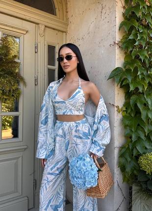 Костюм тройка в принт топ рубашка и штаны брюки штапель