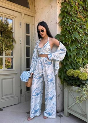 Костюм тройка в принт топ рубашка и штаны брюки штапель