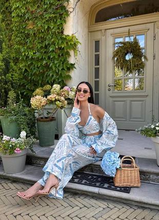 Костюм тройка в принт топ рубашка и штаны брюки штапель