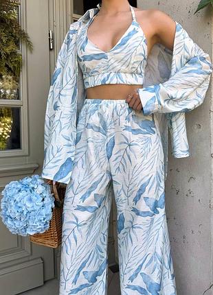 Костюм тройка в принт топ рубашка и штаны брюки штапель