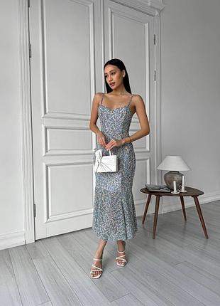 Розпродаж 🏷 святкова шифонова сукня міді на тонких бретелях в дрібний квітковий принт