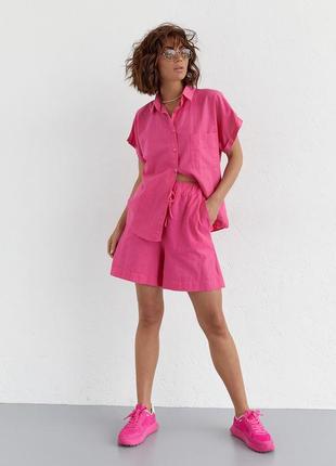 Жіночий літній костюм шорти та сорочка no.77 fashion — рожевий колір, s (є розміри)7 фото