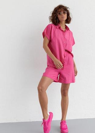 Жіночий літній костюм шорти та сорочка no.77 fashion — рожевий колір, s (є розміри)6 фото