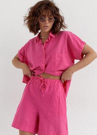 Жіночий літній костюм шорти та сорочка no.77 fashion — рожевий колір, s (є розміри)3 фото