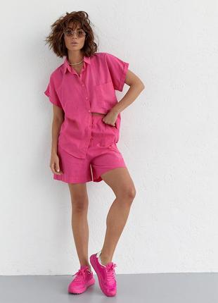 Жіночий літній костюм шорти та сорочка no.77 fashion — рожевий колір, s (є розміри)8 фото