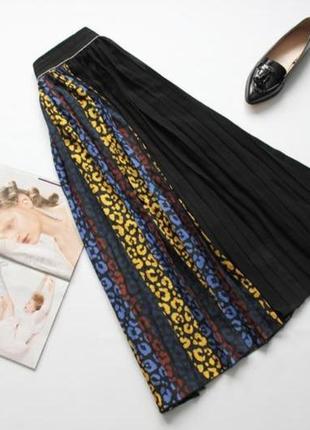 Юбка миди плиссе черная с принтом леопардовий принт made in italy 🇮🇹