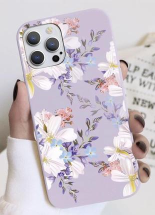 Чохол фіолетовий з квітами на iphone 14 pro, 14 pro max
