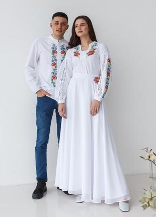 Вышитое свадебное женское платье "полевые цветы" белое