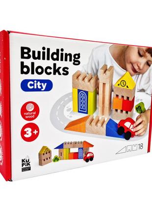 Детские деревянные строительные блоки "город" 900538, 18 деталей от polinatoys
