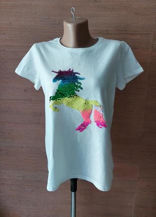 🌸🦄🌺 дуже якісна біла футболка з перевертишем unicorn