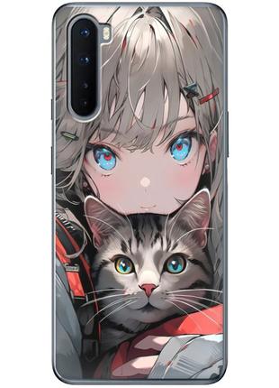 Чехол силиконовый с картинкой на oneplus nord (иллюстрация котик и аниме)