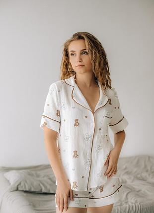 Жіночий костюм шорти та сорочка, домашній одяг, піжама білий з ведмедиками