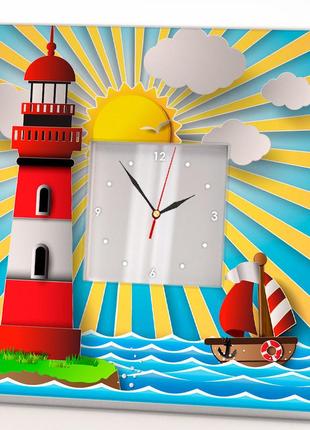 Тематические часы с детским рисунком "кораблик и маяк" на стену, на подставке для детской комнаты