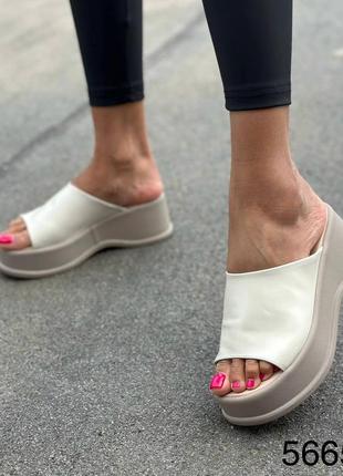 Шльопанці жіночі шкіряні на платформі 36-41 беж шкіра