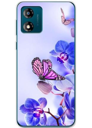 Чехол силиконовый с картинкой на motorola e13 (цветок, бабочка на орхидее)