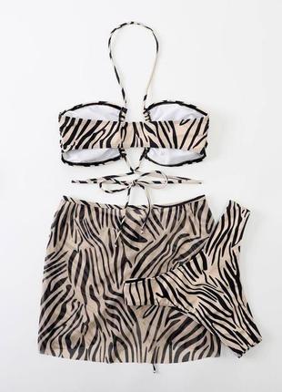 Женский раздельный купальник тройка с завязками вокруг талии и юбкой zebra бежевый5 фото
