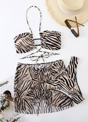 Женский раздельный купальник тройка с завязками вокруг талии и юбкой zebra бежевый4 фото
